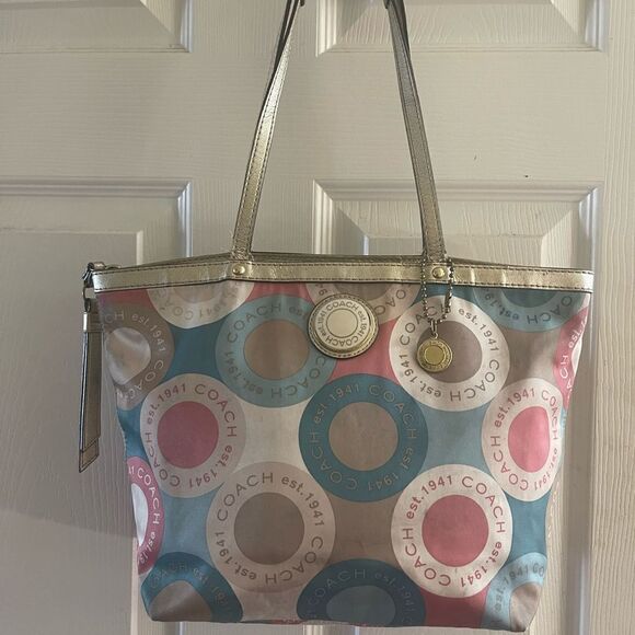 Coach satin scarf print 1941 beige ,khaki,peach & mint green color small tote. - Picture 1 of 16